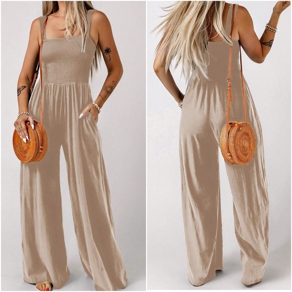 020 Boho Smocked Bodice Wide Leg Cami Jumpsuit - Picture 2 of 6